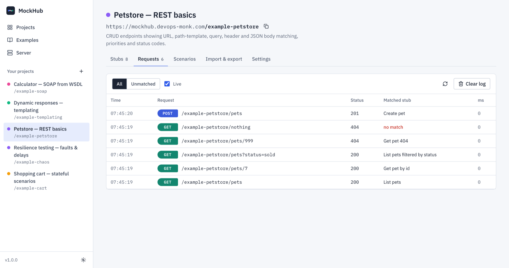 The request log showing matched and unmatched requests with response codes
